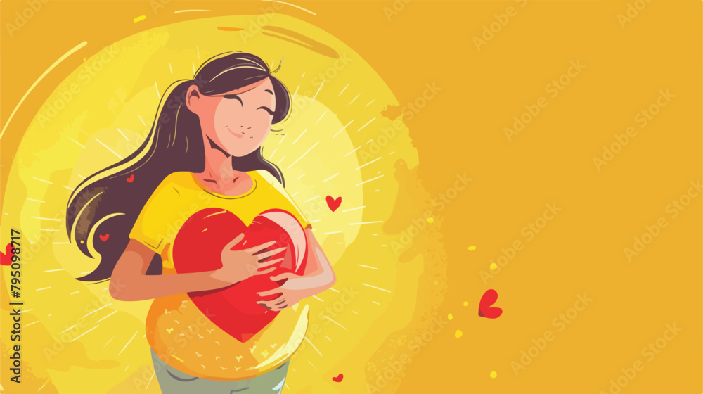 Young pregnant volunteer with heart on yellow background