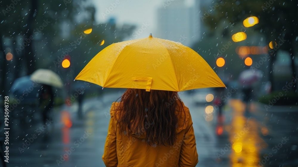 Woman Walking Down Street With Yellow Umbrella