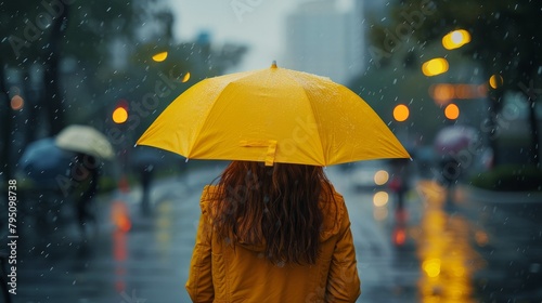 Woman Walking Down Street With Yellow Umbrella