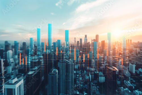 Growing Cityscape with Financial Graphs A city skyline growing alongside ascending financial graphs Perfect for real estate investment advertisements