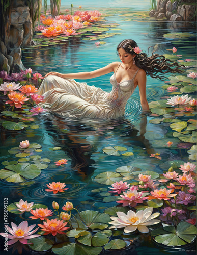 A gracefully beautiful woman floating on the lake with colorful lotus flowers surrounding her