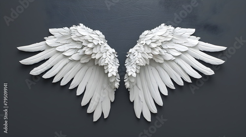 Illustration of white angel wings on a dark isolated background. © W.O.W