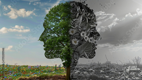 two profiles of a human head. One half depicts a green fresh tree with foliage, blue sky, beautiful flowers, grass. The second half of the photo is in gray tones. The tree is old and worn out, everyth photo