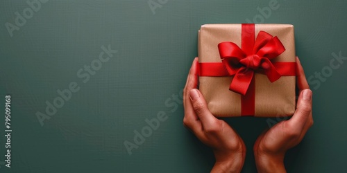 Person Holding Wrapped Gift Box With Red Bow