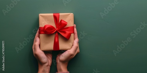 Person Holding Wrapped Gift Box With Red Bow