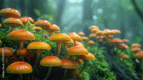 A field of orange mushrooms with a green background photo