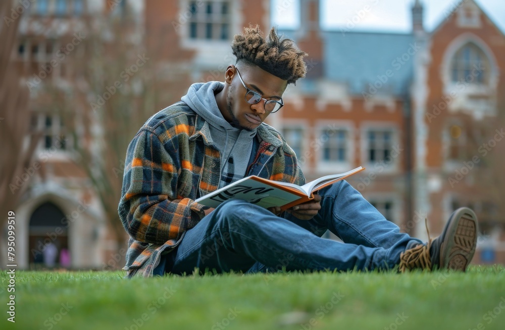 Man Sitting on Grass Reading Book