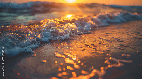 Sea waves on the beach at sunset. Close up view select