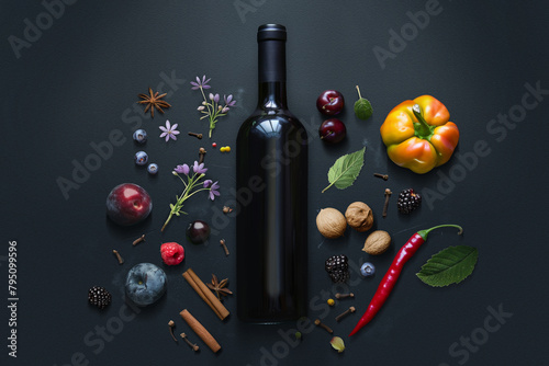 Flavor components of red wine. Wine bottle mock-up photo