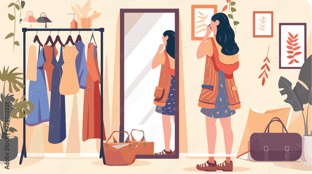 Young woman choosing clothes in front of mirror at ho