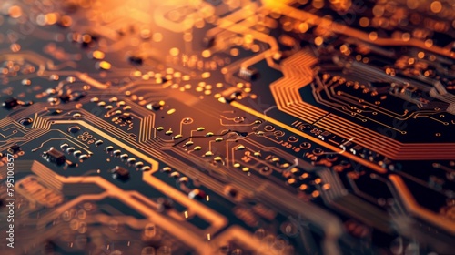 Detailed closeup of a computer motherboard with intricate electronics