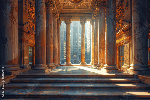  An interior of an ancient Greek temple  bathed in the golden glow of sunrise  with classical columns and marble floors. Created with Ai
