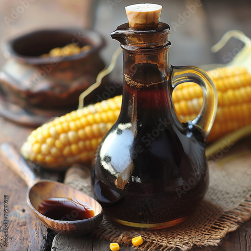 Savor the Sweetness of Corn Syrup from a Jug with a Ceramic Spoon photo