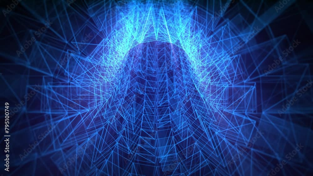 Looped background with flying through transparent blue tunnel made of hi tech glowing lines with soft shine and glow effect. Digital screensaver for computer science and music show. VJ loop, 4k, 60fps