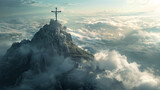 Picture the awe-inspiring sight of a holy cross atop a mountain peak, bathed in celestial light and surrounded by drifting clouds. The HD camera preserves the spiritual ambiance.