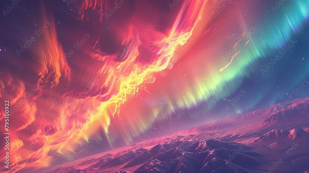 Aurora: An awe-inspiring 3D visualization of the aurora australis, featuring an array of colors including pink Aurora: An awe-inspiring 3D visualization of the aurora australis, featuring an array of colors including pink
