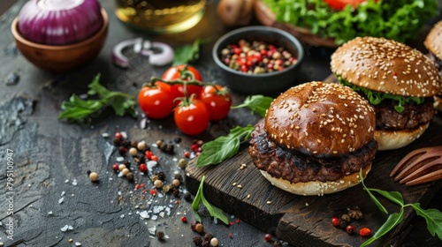 Wallpaper Mural A close up of a burger with tomatoes, lettuce and onions, AI Torontodigital.ca