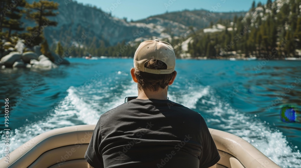 A man's serene boat journey on a lake with a backdrop of majestic mountains.