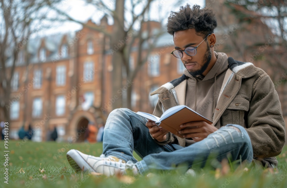 Man Sitting on Grass Reading Book