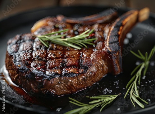 Steak on Plate With Rosemary Garnish