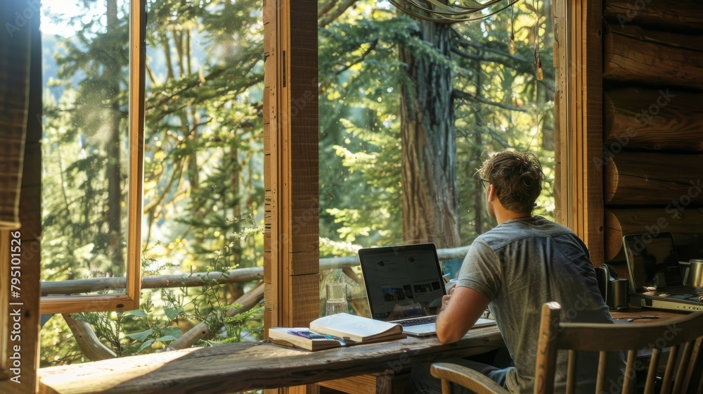 A remote worker enjoying a productive day at a rustic cabin retreat, surrounded by nature and tranquility, with a laptop on a wooden table. A remote worker enjoying a productive day at a rustic cabin retreat, surrounded by nature and tranquility, with a laptop on a wooden table.