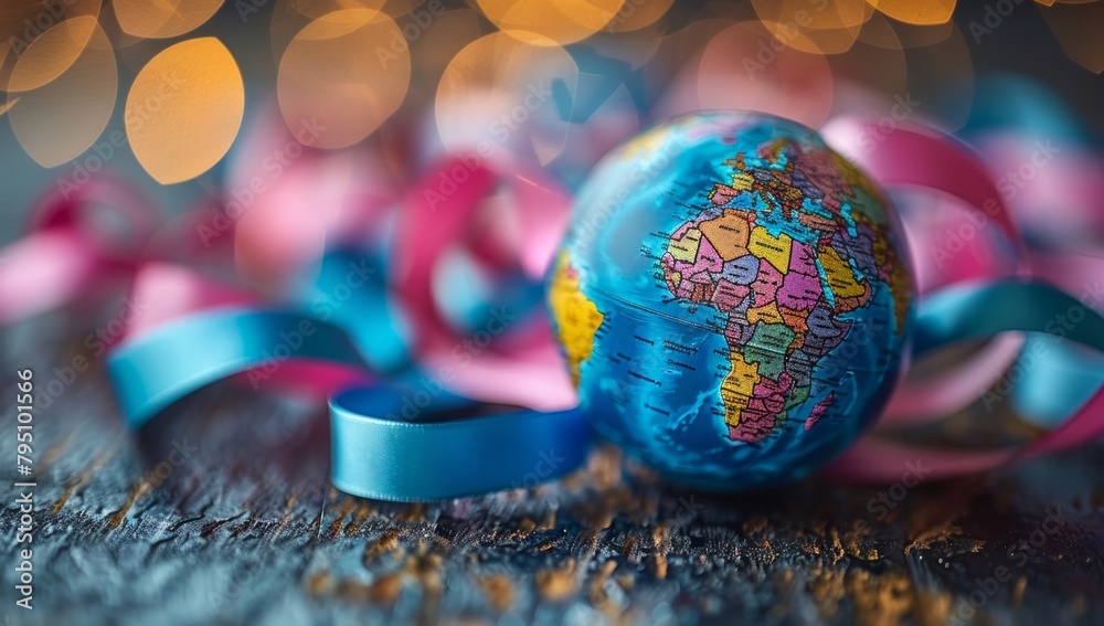A globe surrounded by colorful ribbons representing the world's wonders, symbolizing global unity for World Cancer Day,Unity of Love - Vibrant 4K Wallpaper Symbolizing Global Care and Cooperation