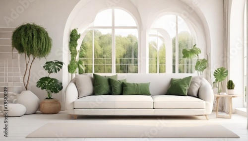 Mock up of stylish room in white color with sofa and green landscape in window. Scandinavian interior design. 3D illustration
