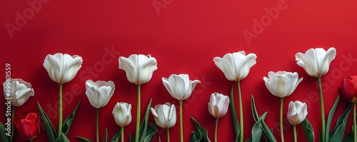 Group of White Tulips on Red Background