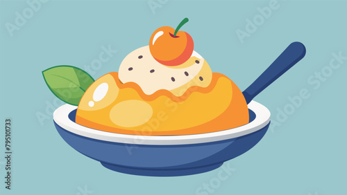 A scoop of homemade peach cobbler with perfectly cooked fruit and a crumbly crust topped with a dollop of vanilla ice cream..