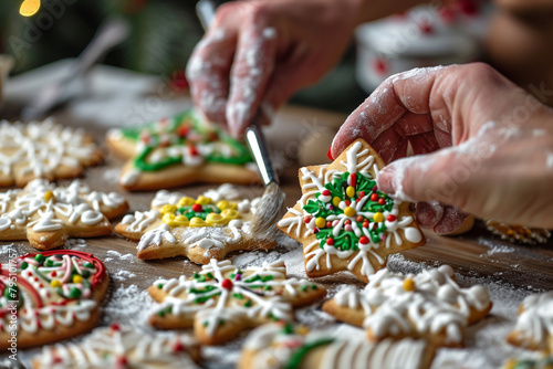 Hands of a baker decorating sugar cookies with colorful icing, festive theme, with baking tools in the background 