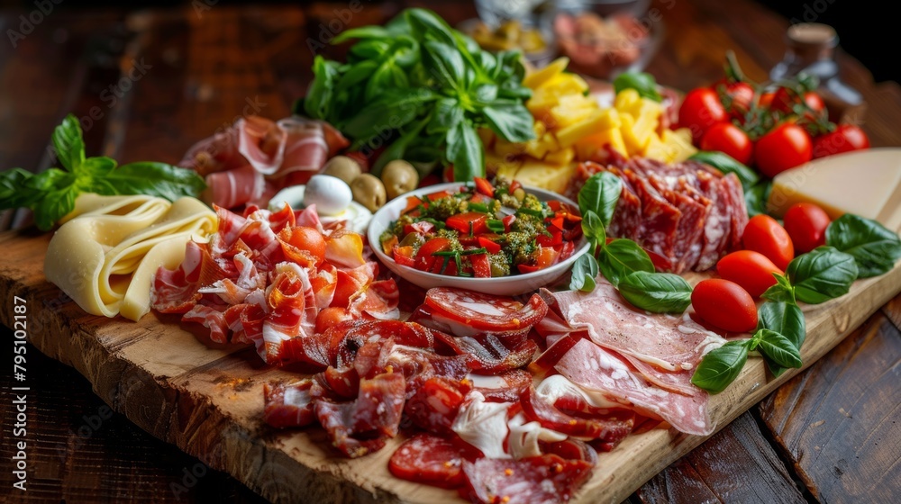 Assorted antipasti arranged on a rustic wooden board, evoking the rustic charm of Italian trattorias