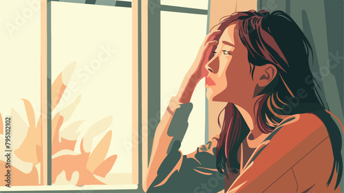 Young woman having panic attack near window Vector illustration photo