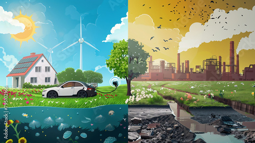 One half depicts life with green energy: an electric car on a charger, a house with solar panels, and the sun shining in the blue sky. There is green grass, flowers and trees around. In the second hal
