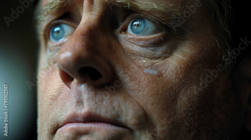 A man with a blue eye staring at the camera. The man's face is wrinkled and his eyes are wide open