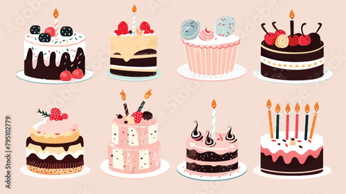 Happy birthday cakes vector collection. Festive deser