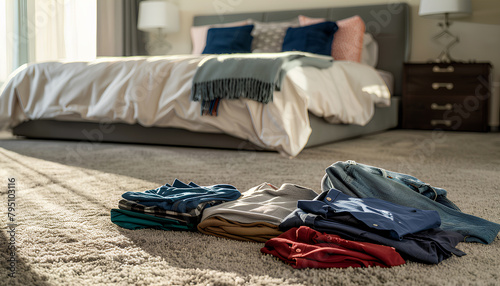 Women's and men's clothing lies on the carpet in front of a large bed in the bedroom
