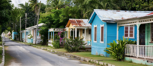 Traditional Barbadian chattel houses in Bridgetown featuring vibrant colors and unique architectural design style. photo