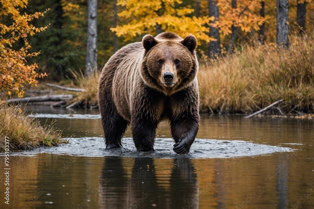 Grizzly bear (ursus arctos horribilis) in autumn looking at camera while crossing small pond Grizzly bear (ursus arctos horribilis) in autumn looking at camera while crossing small pond