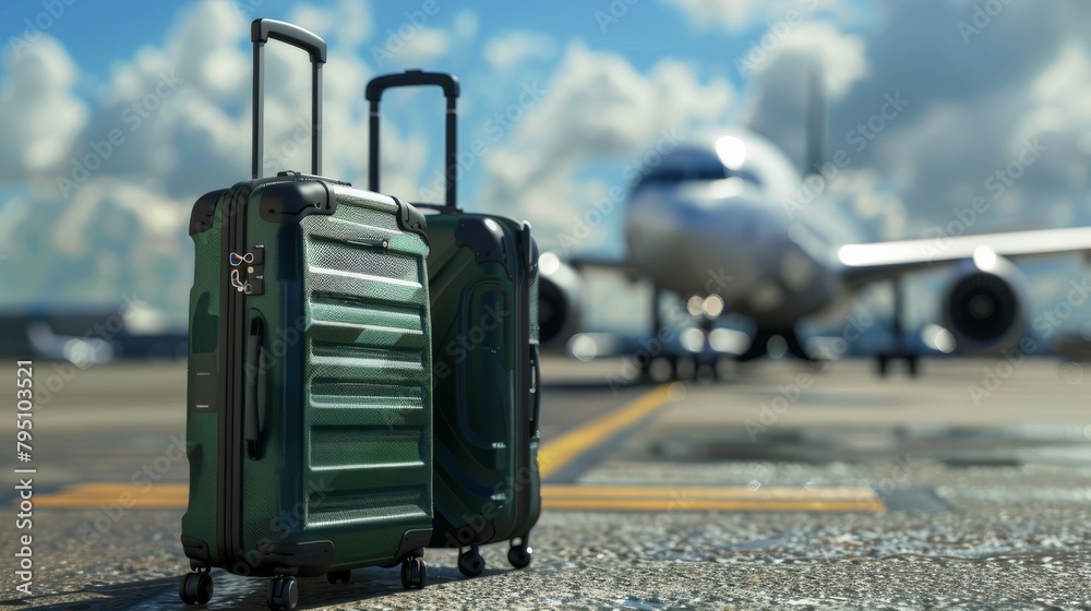 At the airport, against the background of an airplane, there are two modern suitcases.