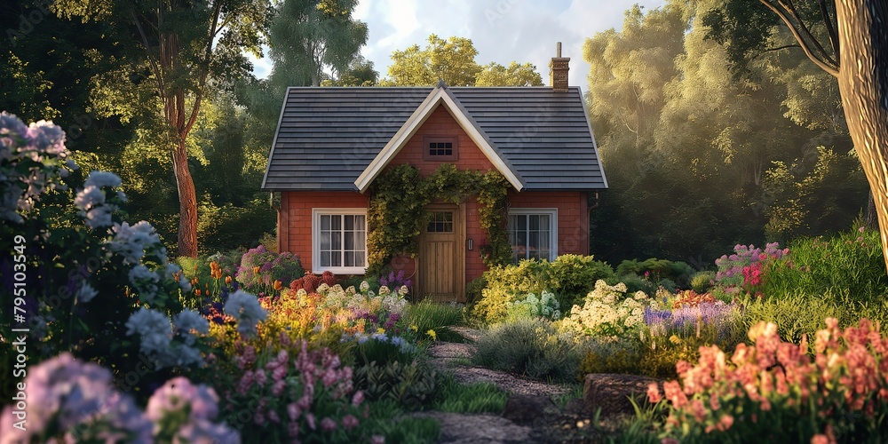 small wooden cottage in lush forest with front garden full of flower blossoming, fairytale dreamlike witch house, Generative Ai	
