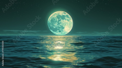 Moon  A peaceful illustration of the moon rising over a calm ocean