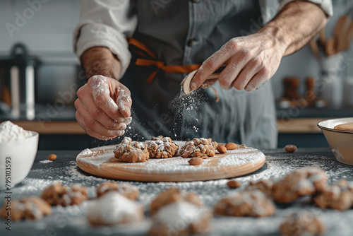 Healthy baking scene with a chef preparing gluten-free cookies using rice flour and natural sweeteners, kitchen counter setup photo