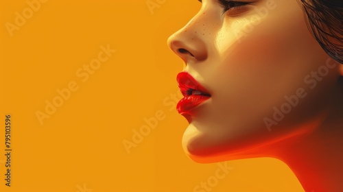 A woman with red lips and a black dress is looking down, AI