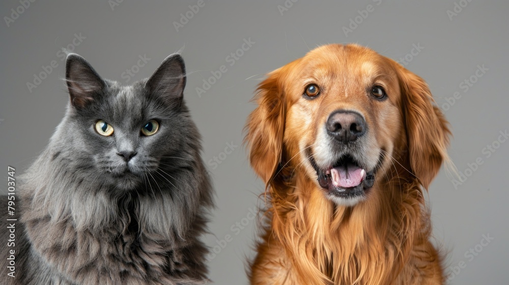 A cat and a dog are standing next to each other