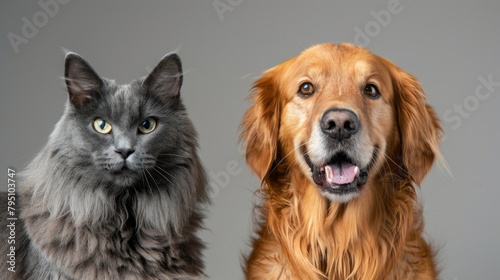 A cat and a dog are standing next to each other © liliyabatyrova