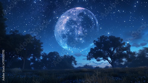 Night Sky: A 3D depiction of the night sky, with a focus on the moon casting a soft glow over the landscape