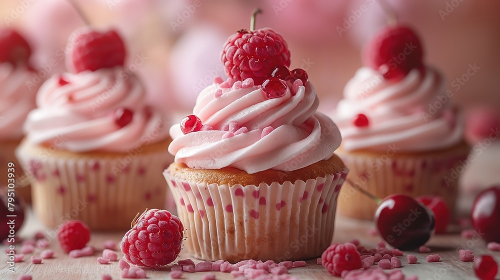 close up raspberry cupcake cute and tasty pink cream, Generative Ai