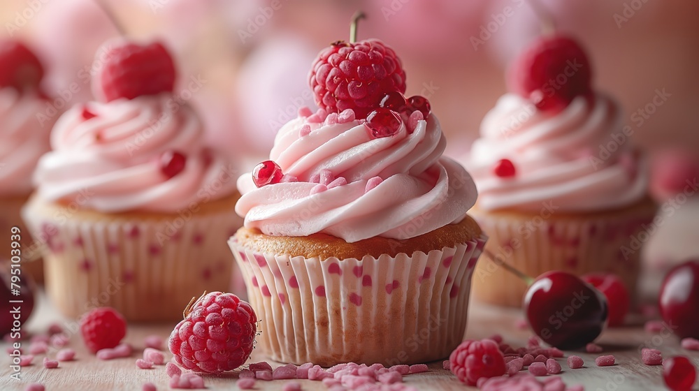 close up raspberry cupcake cute and tasty pink cream, Generative Ai close up raspberry cupcake cute and tasty pink cream, Generative Ai