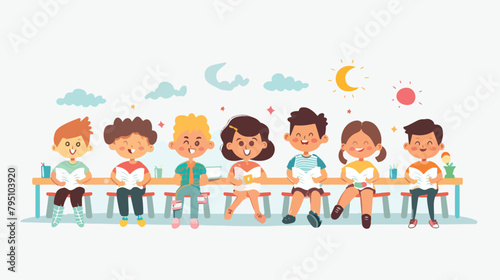 Happy children sitting in class background to school concep