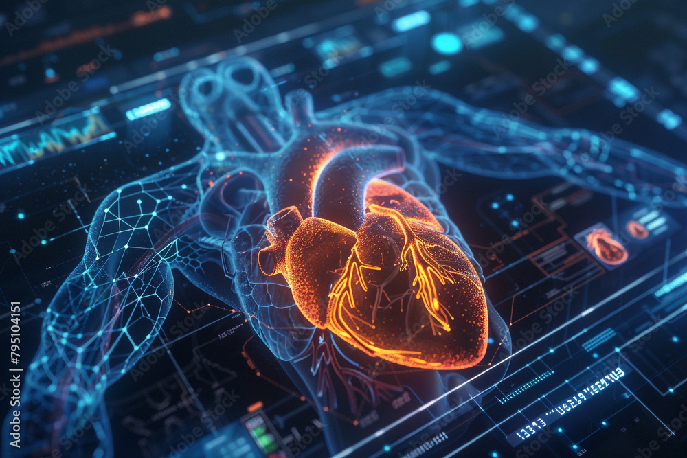 Heart and veins HUD hologram, circulation dynamics displayed, cool blue backlight, direct view, sharp detail  - obrazy, fototapety, plakaty 